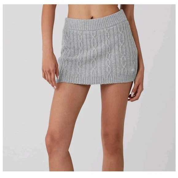 37. Alo Yoga | Cable Knit Winter Bliss Mini Skirt – Heather Grey – Size Small - Picture 1 of 12